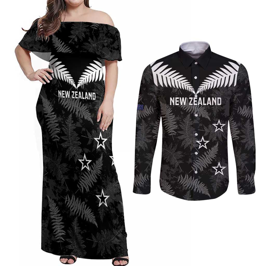 Custom New Zealand Silver Fern Football Couples Matching Off Shoulder Maxi Dress and Long Sleeve Button Shirt Go Aotearoa Grunge Black - Aussie Hoodie