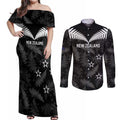Custom New Zealand Silver Fern Football Couples Matching Off Shoulder Maxi Dress and Long Sleeve Button Shirt Go Aotearoa Grunge Black - Aussie Hoodie