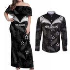 Custom New Zealand Silver Fern Football Couples Matching Off Shoulder Maxi Dress and Long Sleeve Button Shirt Go Aotearoa Grunge Black - Aussie Hoodie
