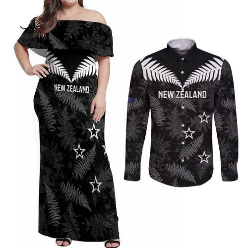 Custom New Zealand Silver Fern Football Couples Matching Off Shoulder Maxi Dress and Long Sleeve Button Shirt Go Aotearoa Grunge Black - Aussie Hoodie