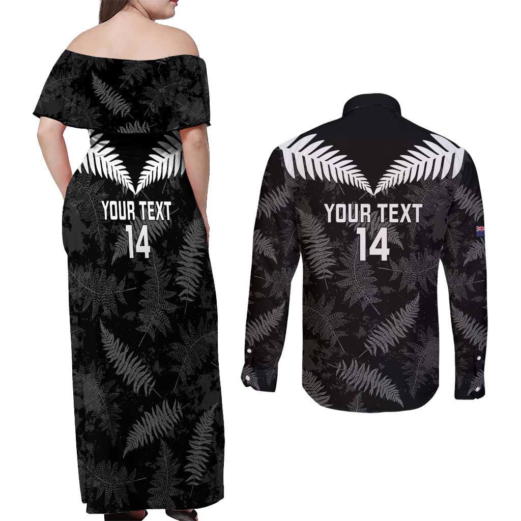 Custom New Zealand Silver Fern Football Couples Matching Off Shoulder Maxi Dress and Long Sleeve Button Shirt Go Aotearoa Grunge Black - Aussie Hoodie