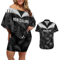 Custom New Zealand Silver Fern Football Couples Matching Off Shoulder Short Dress and Hawaiian Shirt Go Aotearoa Grunge Black - Aussie Hoodie