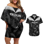 Custom New Zealand Silver Fern Football Couples Matching Off Shoulder Short Dress and Hawaiian Shirt Go Aotearoa Grunge Black - Aussie Hoodie