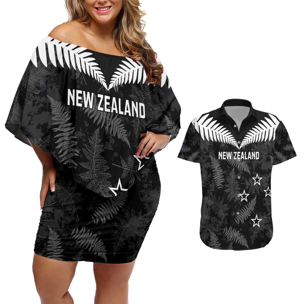 Custom New Zealand Silver Fern Football Couples Matching Off Shoulder Short Dress and Hawaiian Shirt Go Aotearoa Grunge Black - Aussie Hoodie