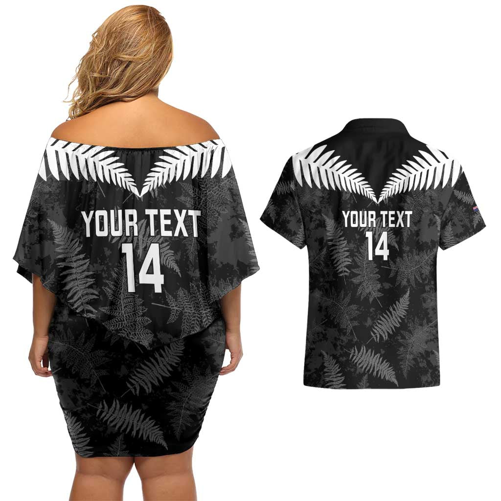 Custom New Zealand Silver Fern Football Couples Matching Off Shoulder Short Dress and Hawaiian Shirt Go Aotearoa Grunge Black - Aussie Hoodie