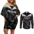 Custom New Zealand Silver Fern Football Couples Matching Off Shoulder Short Dress and Long Sleeve Button Shirt Go Aotearoa Grunge Black - Aussie Hoodie