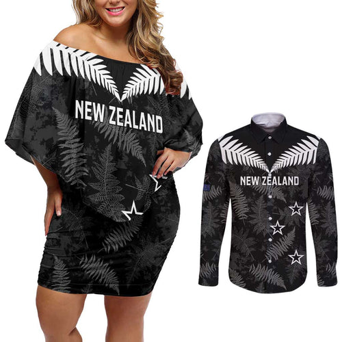 Custom New Zealand Silver Fern Football Couples Matching Off Shoulder Short Dress and Long Sleeve Button Shirt Go Aotearoa Grunge Black - Aussie Hoodie