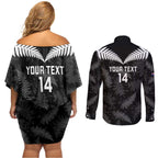 Custom New Zealand Silver Fern Football Couples Matching Off Shoulder Short Dress and Long Sleeve Button Shirt Go Aotearoa Grunge Black - Aussie Hoodie