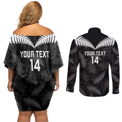 Custom New Zealand Silver Fern Football Couples Matching Off Shoulder Short Dress and Long Sleeve Button Shirt Go Aotearoa Grunge Black - Aussie Hoodie