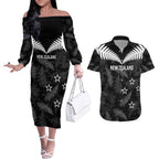 Custom New Zealand Silver Fern Football Couples Matching Off The Shoulder Long Sleeve Dress and Hawaiian Shirt Go Aotearoa Grunge Black - Aussie Hoodie