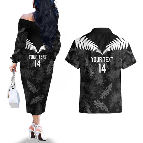 Custom New Zealand Silver Fern Football Couples Matching Off The Shoulder Long Sleeve Dress and Hawaiian Shirt Go Aotearoa Grunge Black - Aussie Hoodie