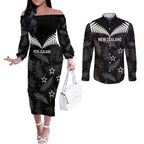 Custom New Zealand Silver Fern Football Couples Matching Off The Shoulder Long Sleeve Dress and Long Sleeve Button Shirt Go Aotearoa Grunge Black - Aussie Hoodie