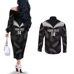 Custom New Zealand Silver Fern Football Couples Matching Off The Shoulder Long Sleeve Dress and Long Sleeve Button Shirt Go Aotearoa Grunge Black - Aussie Hoodie