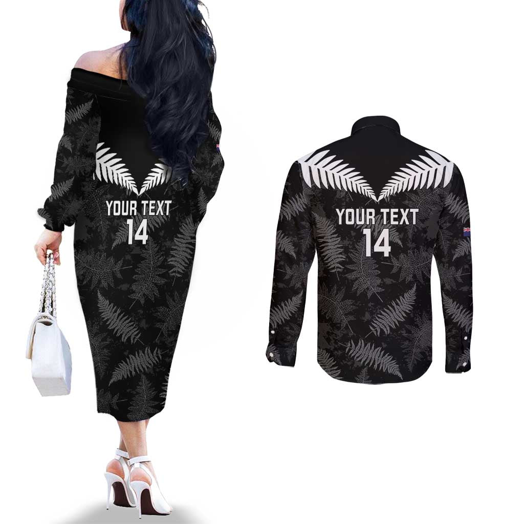 Custom New Zealand Silver Fern Football Couples Matching Off The Shoulder Long Sleeve Dress and Long Sleeve Button Shirt Go Aotearoa Grunge Black - Aussie Hoodie