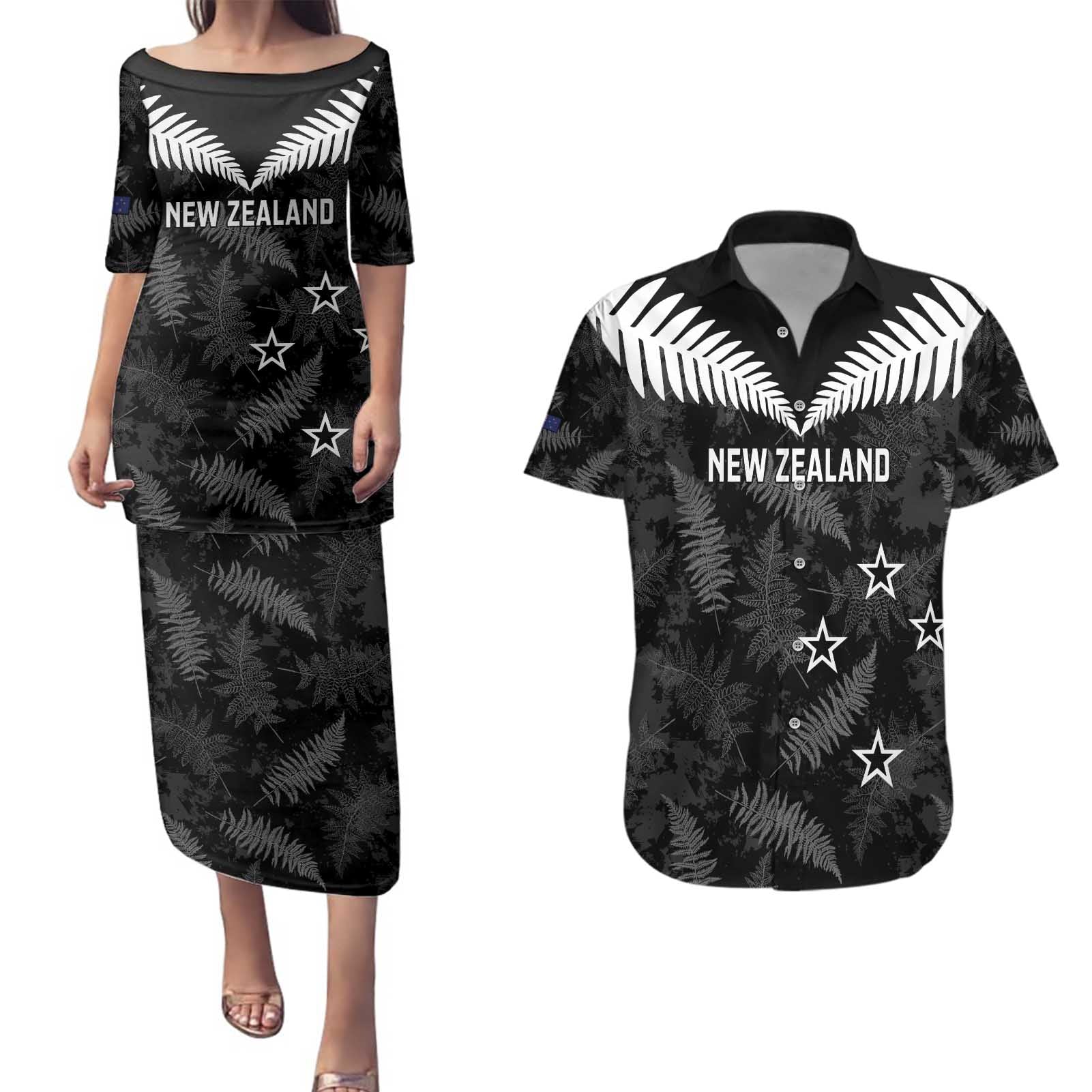 Custom New Zealand Silver Fern Football Couples Matching Puletasi and Hawaiian Shirt Go Aotearoa Grunge Black - Aussie Hoodie