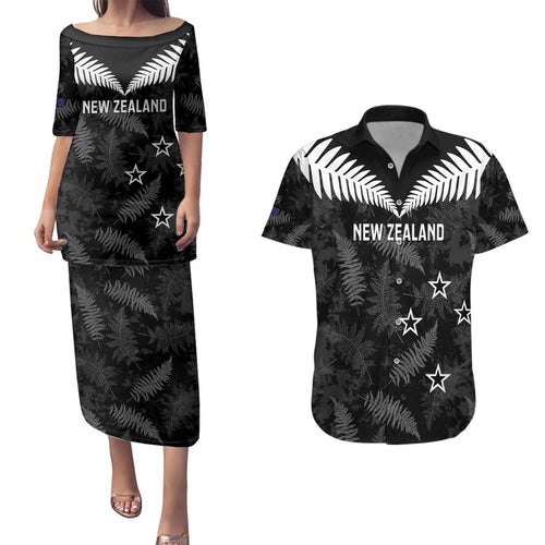 Custom New Zealand Silver Fern Football Couples Matching Puletasi and Hawaiian Shirt Go Aotearoa Grunge Black - Aussie Hoodie