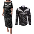Custom New Zealand Silver Fern Football Couples Matching Puletasi and Long Sleeve Button Shirt Go Aotearoa Grunge Black - Aussie Hoodie