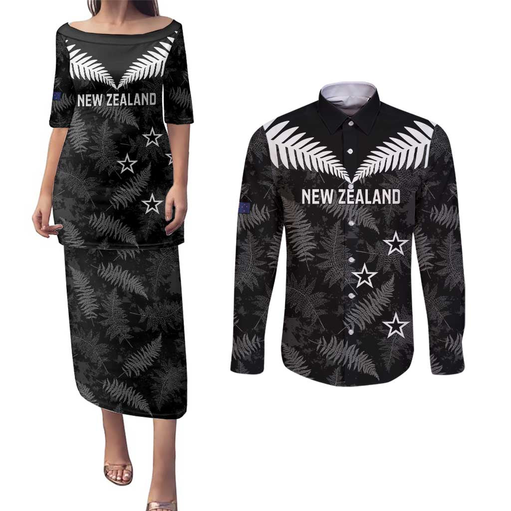 Custom New Zealand Silver Fern Football Couples Matching Puletasi and Long Sleeve Button Shirt Go Aotearoa Grunge Black - Aussie Hoodie