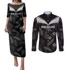 Custom New Zealand Silver Fern Football Couples Matching Puletasi and Long Sleeve Button Shirt Go Aotearoa Grunge Black - Aussie Hoodie