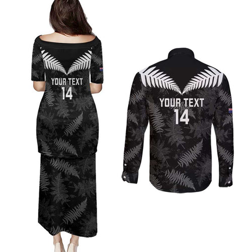 Custom New Zealand Silver Fern Football Couples Matching Puletasi and Long Sleeve Button Shirt Go Aotearoa Grunge Black - Aussie Hoodie