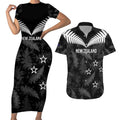 Custom New Zealand Silver Fern Football Couples Matching Short Sleeve Bodycon Dress and Hawaiian Shirt Go Aotearoa Grunge Black - Aussie Hoodie
