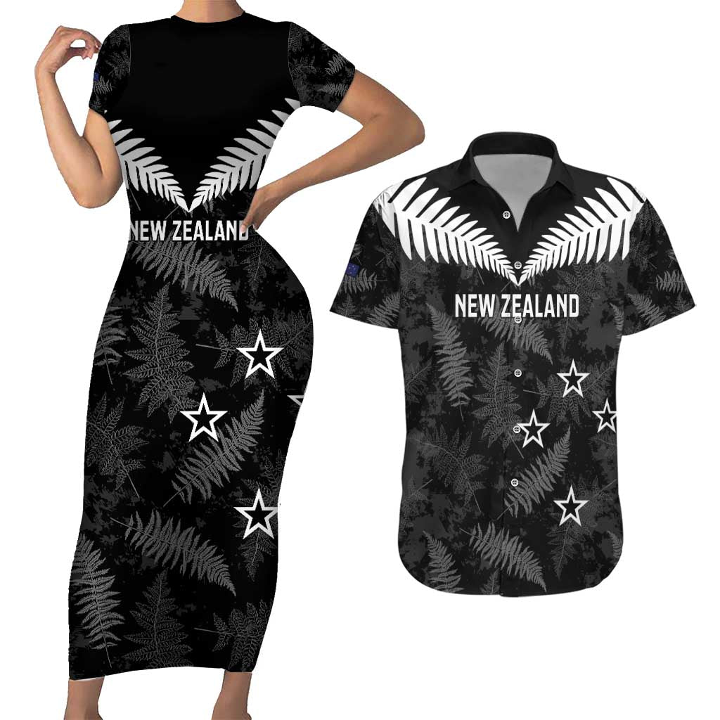 Custom New Zealand Silver Fern Football Couples Matching Short Sleeve Bodycon Dress and Hawaiian Shirt Go Aotearoa Grunge Black - Aussie Hoodie
