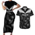 Custom New Zealand Silver Fern Football Couples Matching Short Sleeve Bodycon Dress and Hawaiian Shirt Go Aotearoa Grunge Black - Aussie Hoodie