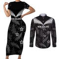 Custom New Zealand Silver Fern Football Couples Matching Short Sleeve Bodycon Dress and Long Sleeve Button Shirt Go Aotearoa Grunge Black - Aussie Hoodie