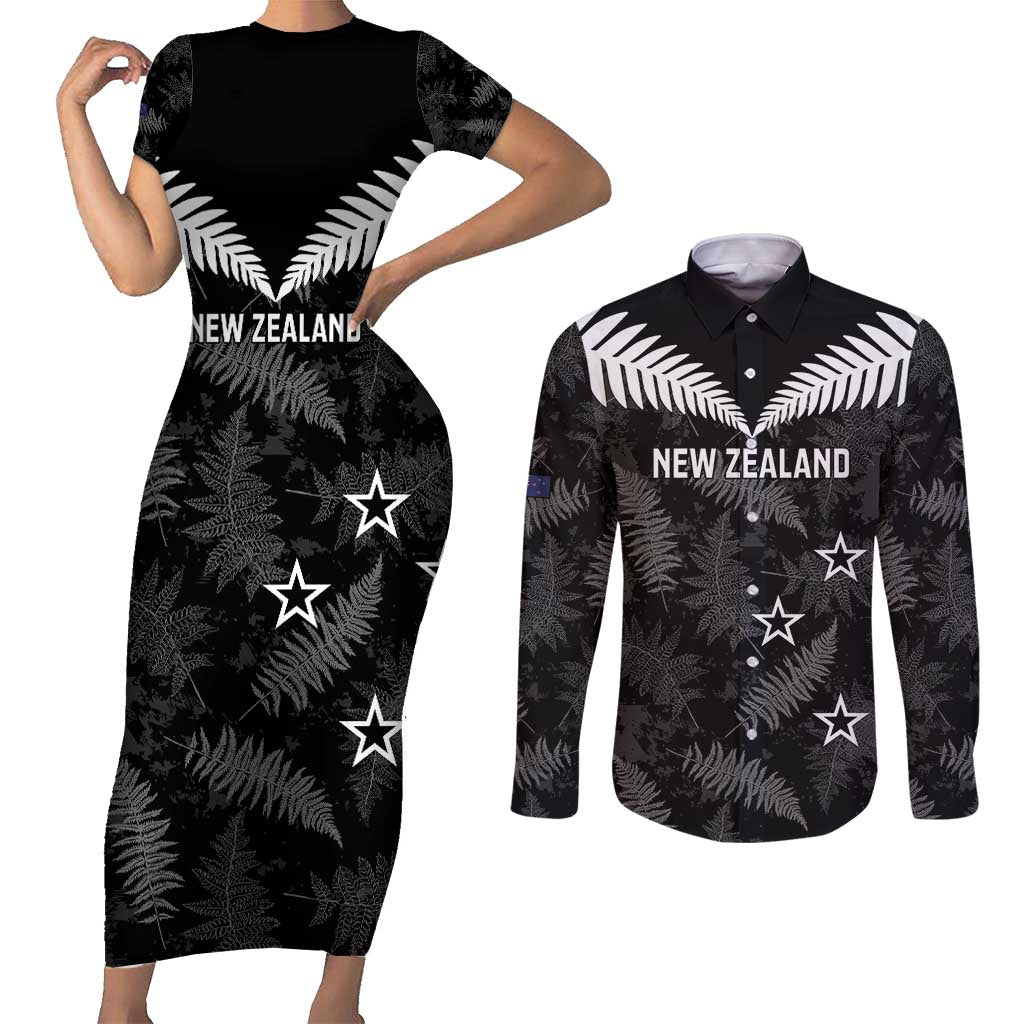 Custom New Zealand Silver Fern Football Couples Matching Short Sleeve Bodycon Dress and Long Sleeve Button Shirt Go Aotearoa Grunge Black - Aussie Hoodie