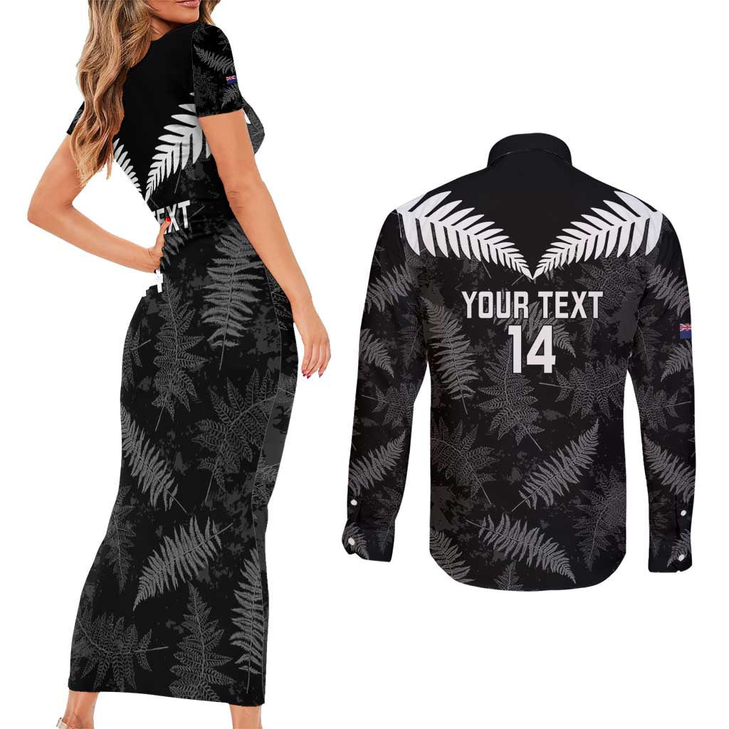 Custom New Zealand Silver Fern Football Couples Matching Short Sleeve Bodycon Dress and Long Sleeve Button Shirt Go Aotearoa Grunge Black - Aussie Hoodie