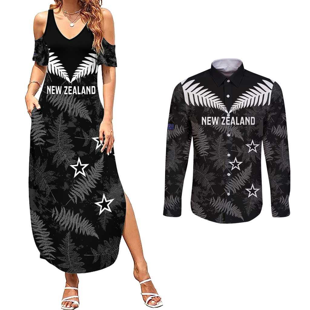 Custom New Zealand Silver Fern Football Couples Matching Summer Maxi Dress and Long Sleeve Button Shirt Go Aotearoa Grunge Black - Aussie Hoodie