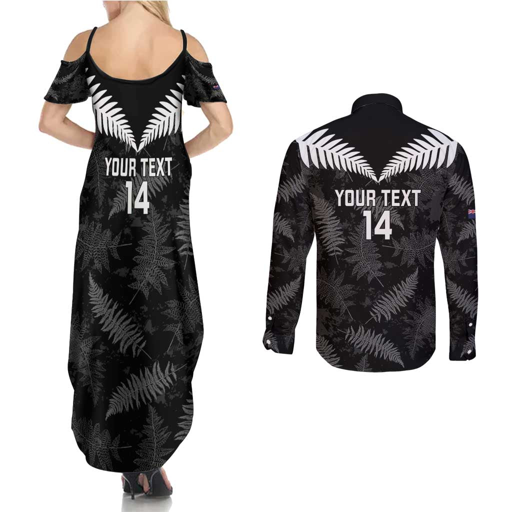 Custom New Zealand Silver Fern Football Couples Matching Summer Maxi Dress and Long Sleeve Button Shirt Go Aotearoa Grunge Black - Aussie Hoodie