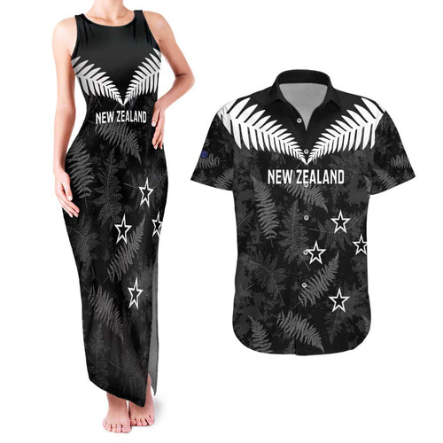 Custom New Zealand Silver Fern Football Couples Matching Tank Maxi Dress and Hawaiian Shirt Go Aotearoa Grunge Black - Aussie Hoodie