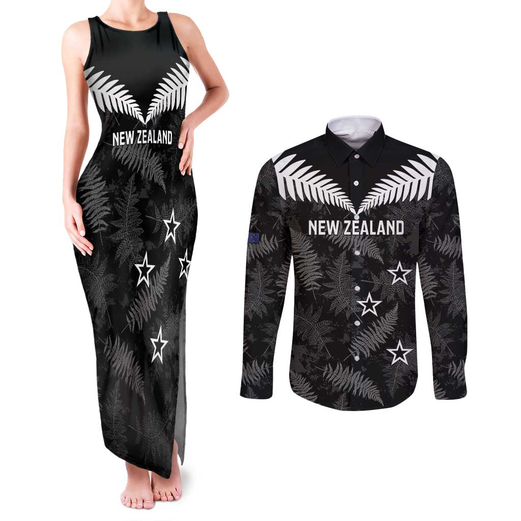 Custom New Zealand Silver Fern Football Couples Matching Tank Maxi Dress and Long Sleeve Button Shirt Go Aotearoa Grunge Black - Aussie Hoodie