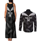 Custom New Zealand Silver Fern Football Couples Matching Tank Maxi Dress and Long Sleeve Button Shirt Go Aotearoa Grunge Black - Aussie Hoodie
