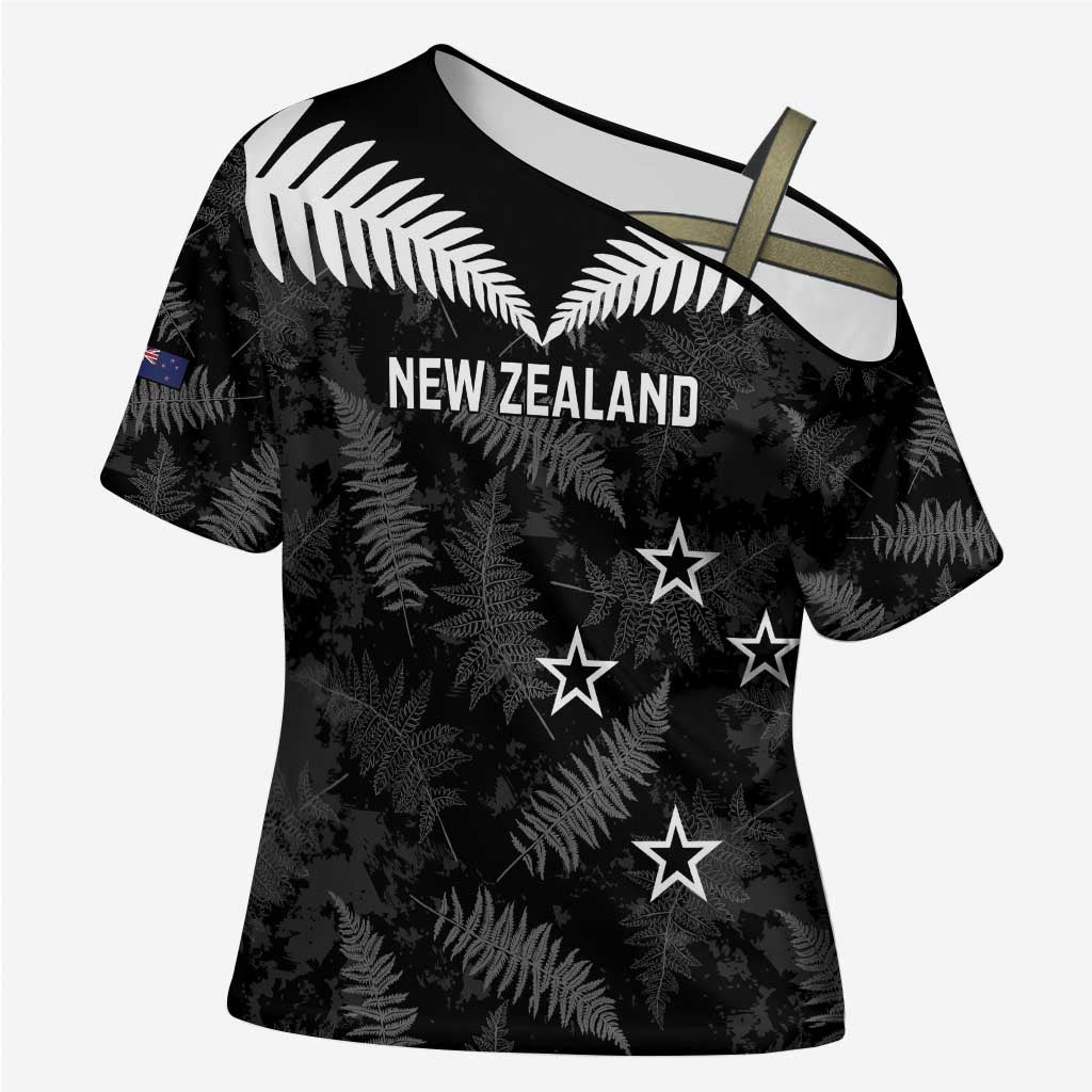 Custom New Zealand Silver Fern Football Cross Shoulder Shirt Go Aotearoa Grunge Black - Aussie Hoodie
