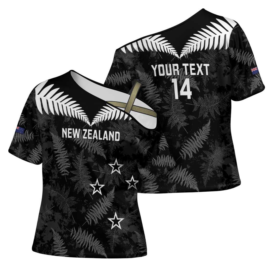 Custom New Zealand Silver Fern Football Cross Shoulder Shirt Go Aotearoa Grunge Black - Aussie Hoodie