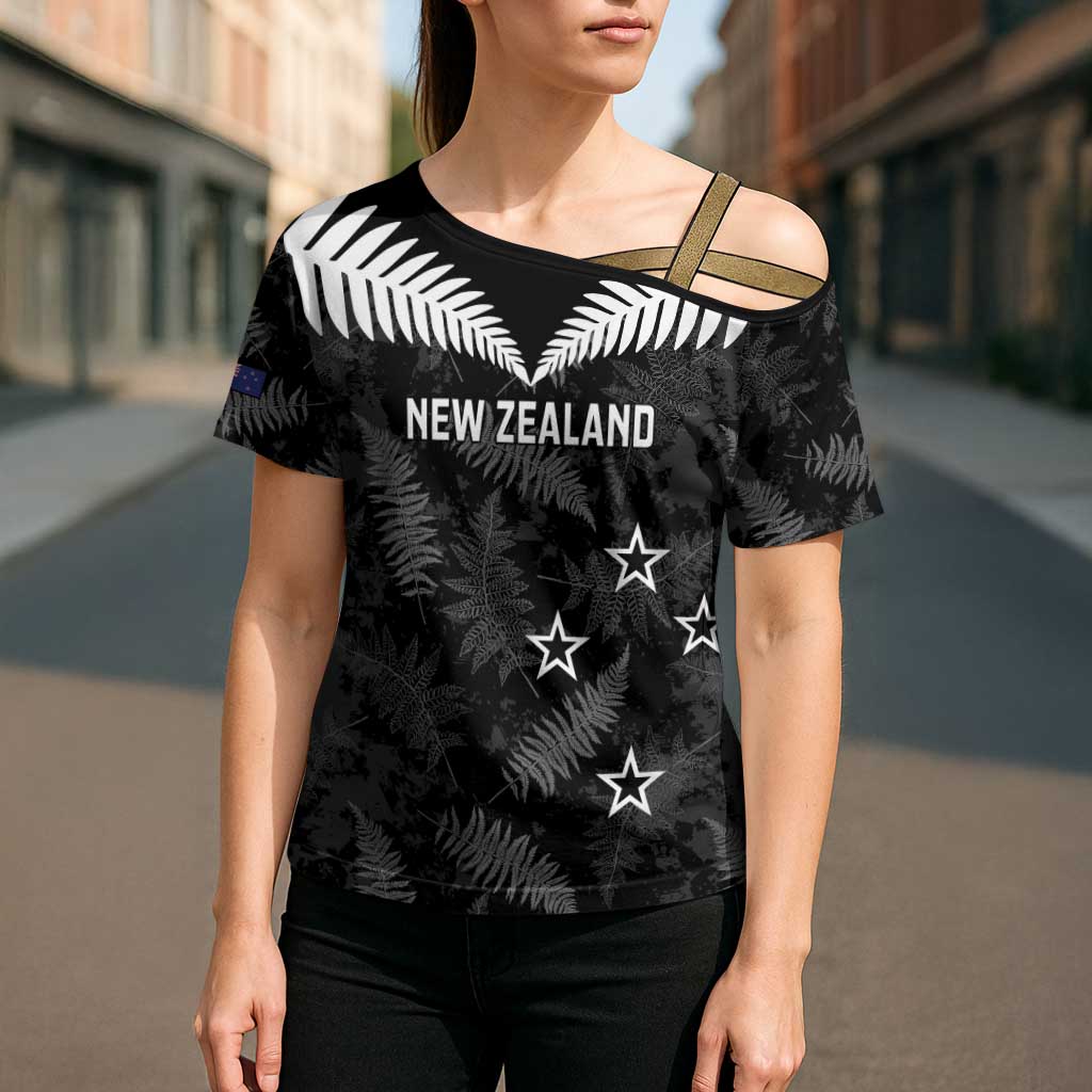 Custom New Zealand Silver Fern Football Cross Shoulder Shirt Go Aotearoa Grunge Black - Aussie Hoodie