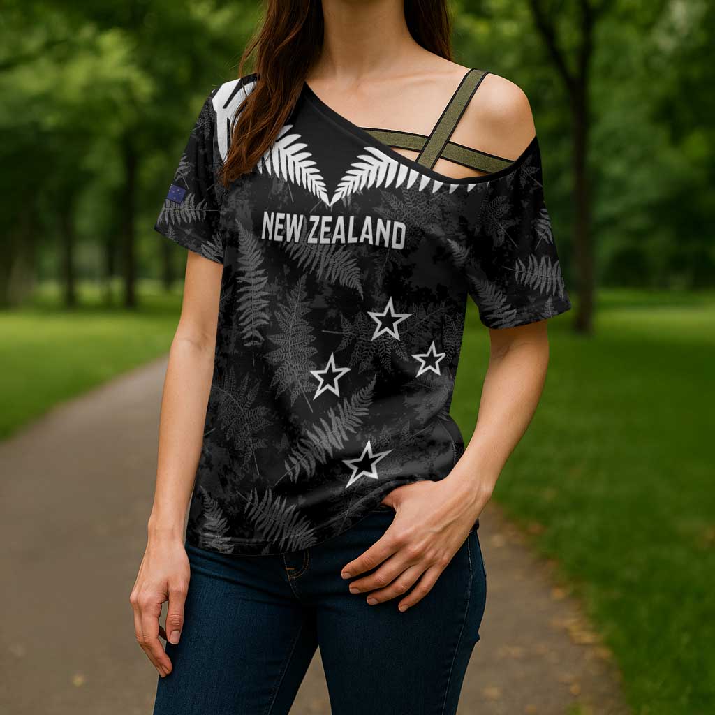 Custom New Zealand Silver Fern Football Cross Shoulder Shirt Go Aotearoa Grunge Black - Aussie Hoodie
