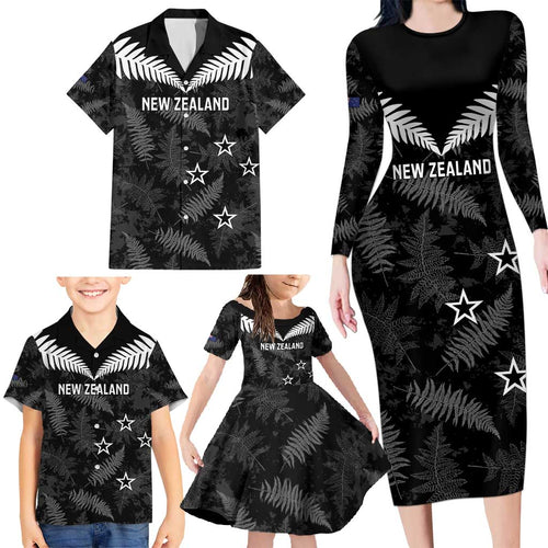 Custom New Zealand Silver Fern Football Family Matching Long Sleeve Bodycon Dress and Hawaiian Shirt Go Aotearoa Grunge Black - Aussie Hoodie