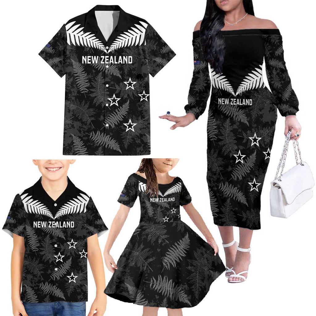 Custom New Zealand Silver Fern Football Family Matching Off The Shoulder Long Sleeve Dress and Hawaiian Shirt Go Aotearoa Grunge Black - Aussie Hoodie