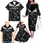 Custom New Zealand Silver Fern Football Family Matching Off The Shoulder Long Sleeve Dress and Hawaiian Shirt Go Aotearoa Grunge Black - Aussie Hoodie