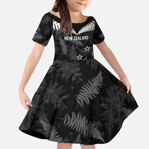 Custom New Zealand Silver Fern Football Family Matching Off The Shoulder Long Sleeve Dress and Hawaiian Shirt Go Aotearoa Grunge Black - Aussie Hoodie