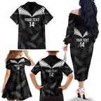 Custom New Zealand Silver Fern Football Family Matching Off The Shoulder Long Sleeve Dress and Hawaiian Shirt Go Aotearoa Grunge Black - Aussie Hoodie