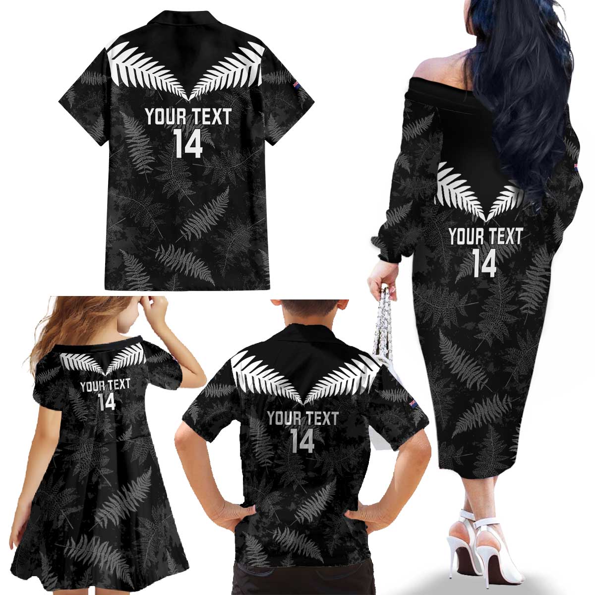 Custom New Zealand Silver Fern Football Family Matching Off The Shoulder Long Sleeve Dress and Hawaiian Shirt Go Aotearoa Grunge Black - Aussie Hoodie