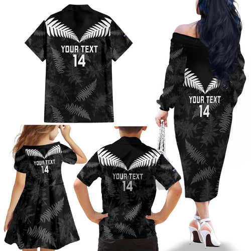 Custom New Zealand Silver Fern Football Family Matching Off The Shoulder Long Sleeve Dress and Hawaiian Shirt Go Aotearoa Grunge Black - Aussie Hoodie
