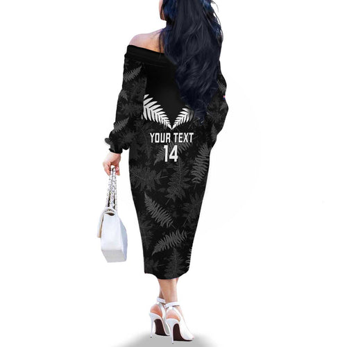 Custom New Zealand Silver Fern Football Family Matching Off The Shoulder Long Sleeve Dress and Hawaiian Shirt Go Aotearoa Grunge Black - Aussie Hoodie