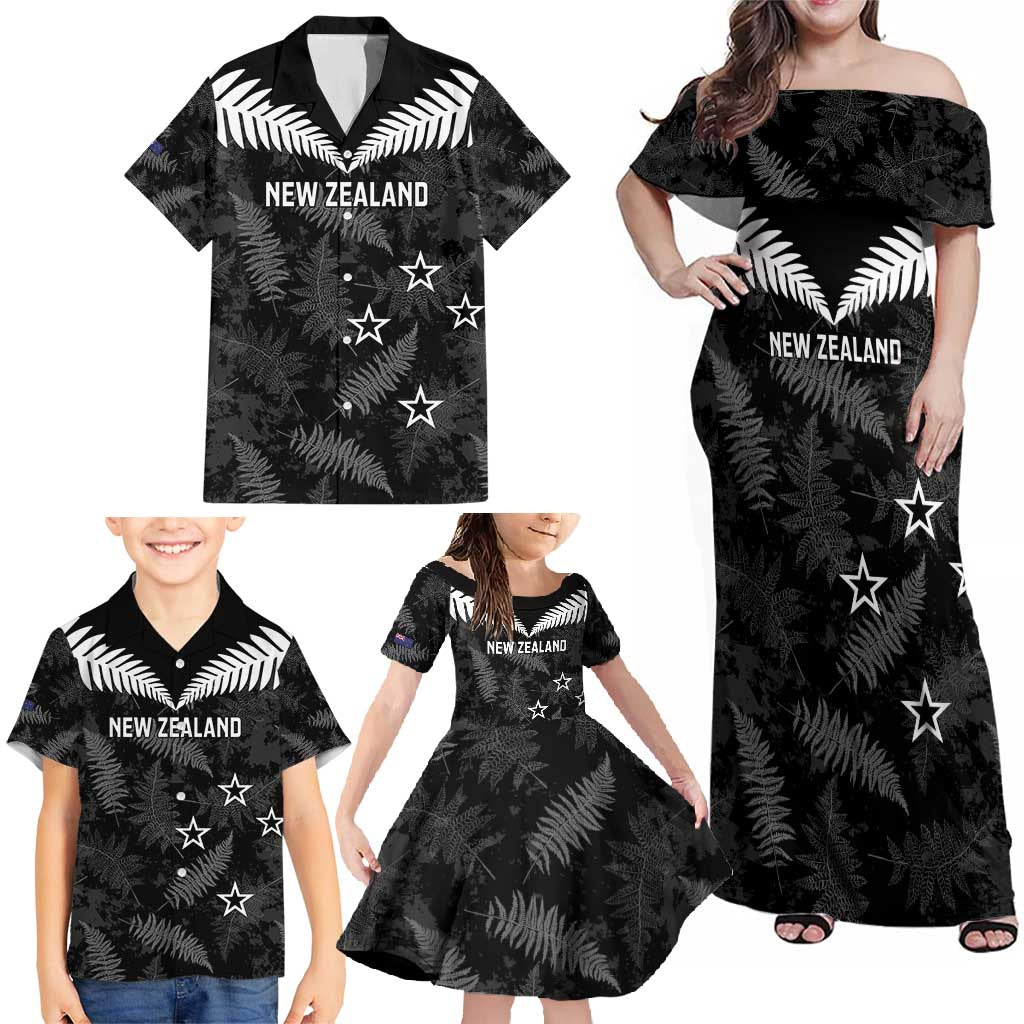 Custom New Zealand Silver Fern Football Family Matching Off Shoulder Maxi Dress and Hawaiian Shirt Go Aotearoa Grunge Black - Aussie Hoodie