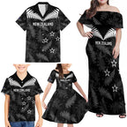 Custom New Zealand Silver Fern Football Family Matching Off Shoulder Maxi Dress and Hawaiian Shirt Go Aotearoa Grunge Black - Aussie Hoodie