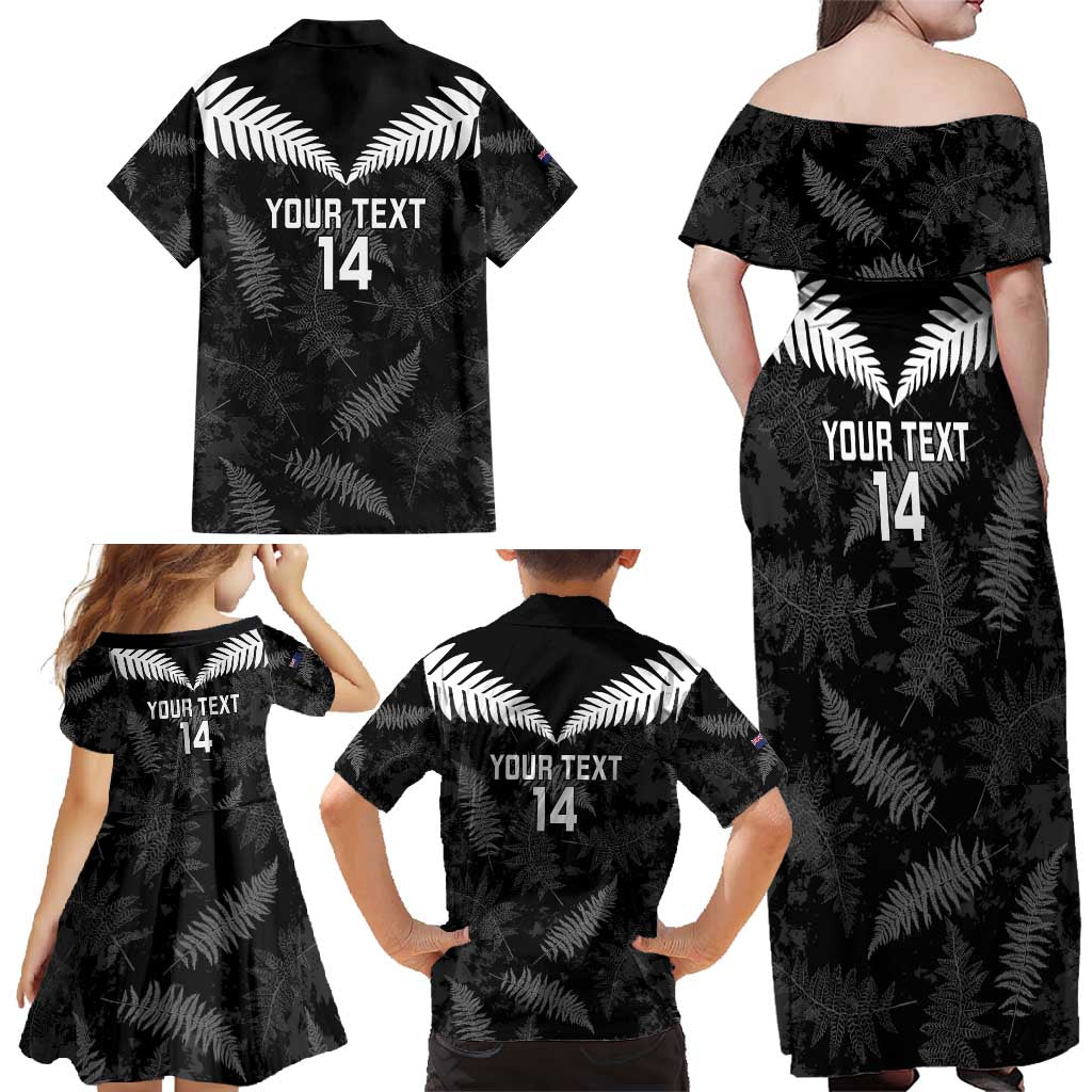Custom New Zealand Silver Fern Football Family Matching Off Shoulder Maxi Dress and Hawaiian Shirt Go Aotearoa Grunge Black - Aussie Hoodie